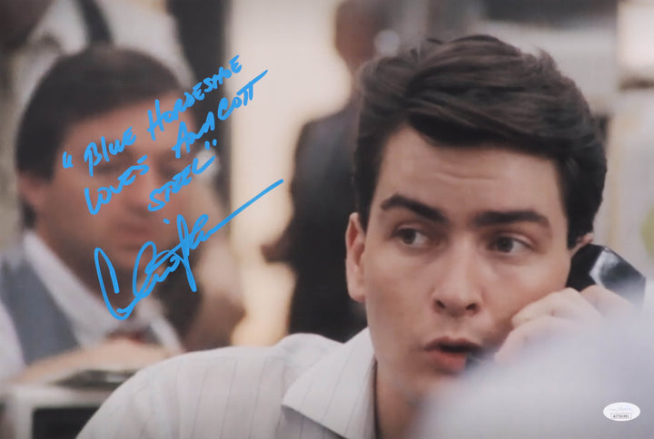 Charlie Sheen Signed "Wall Street" 12x17.5 Photo Inscribed "Blue Horseshoe Loves Anacott Steel" (JSA)