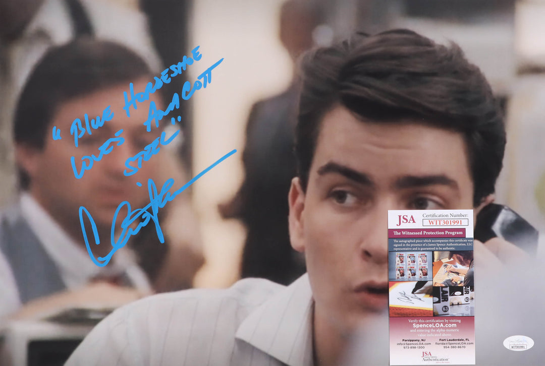 Charlie Sheen Signed "Wall Street" 12x17.5 Photo Inscribed "Blue Horseshoe Loves Anacott Steel" (JSA)