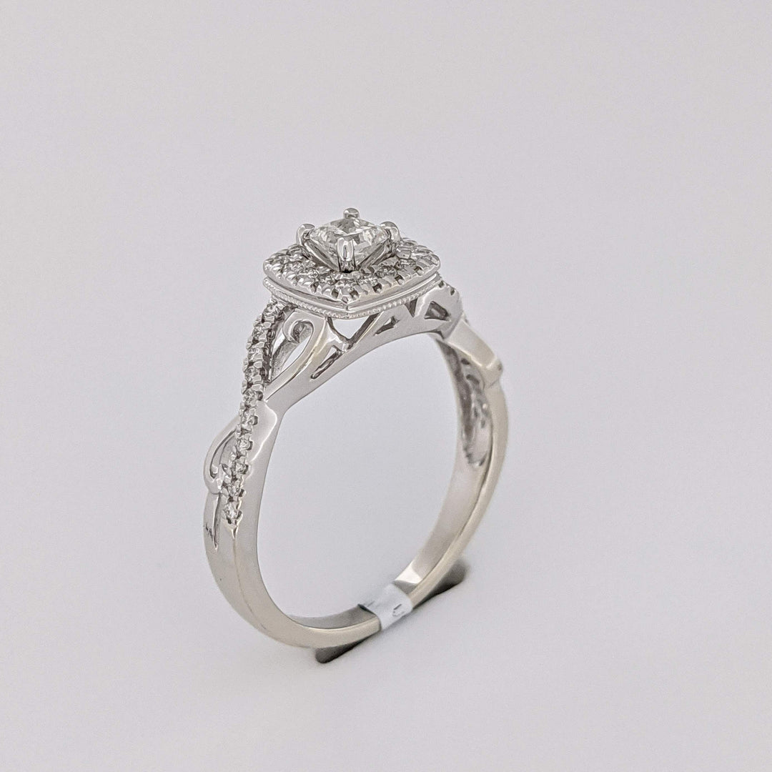 10K WHITE .48 CARAT TOTAL WEIGHT SI2 H DIAMOND PRINCESS CUT (1) ROUND (36) ESTATE HALO TWIST RING 2.8 GRAMS