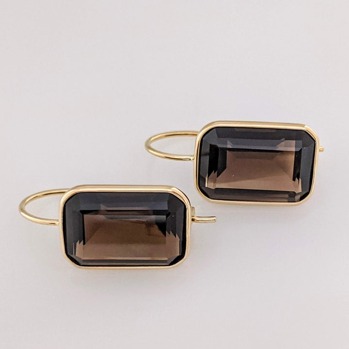 14K SMOKEY TOPAZ EMERALD CUT 10X14 BEZEL HOOK ESTATE EARRINGS 3.4 GRAMS