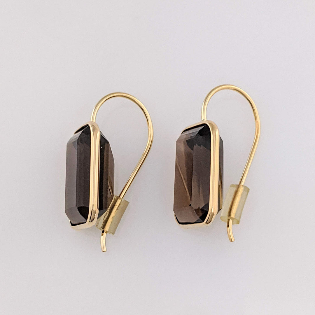 14K SMOKEY TOPAZ EMERALD CUT 10X14 BEZEL HOOK ESTATE EARRINGS 3.4 GRAMS