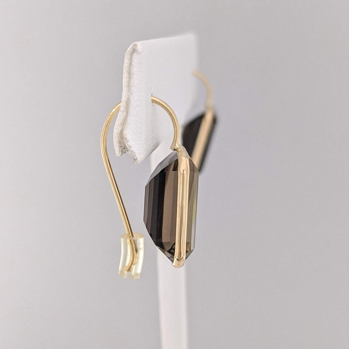 14K SMOKEY TOPAZ EMERALD CUT 10X14 BEZEL HOOK ESTATE EARRINGS 3.4 GRAMS