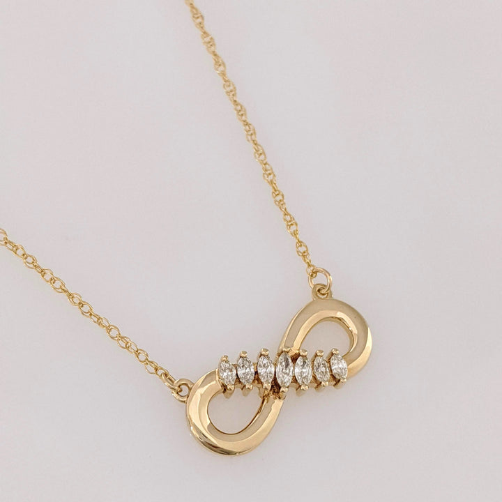 14K .30 CARAT TOTAL WEIGHT SI1 J DIAMOND MARQUISE (7) ESTATE INFINITY NECKLACE 3.6 GRAMS