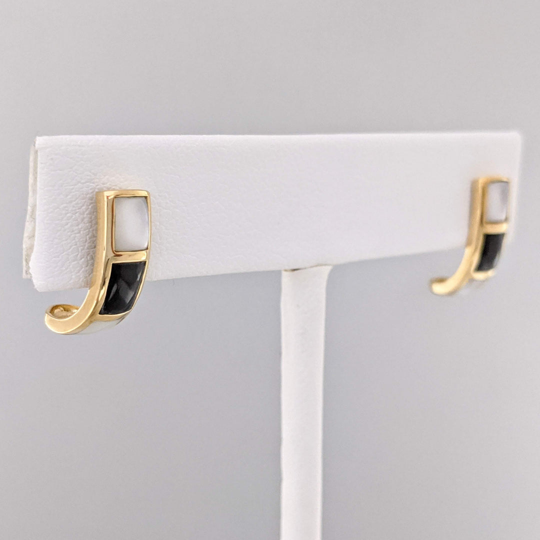 14K MOTHER OF PEARL /ONYX HALF HOOP ESTATE EARRINGS 2.6 GRAMS
