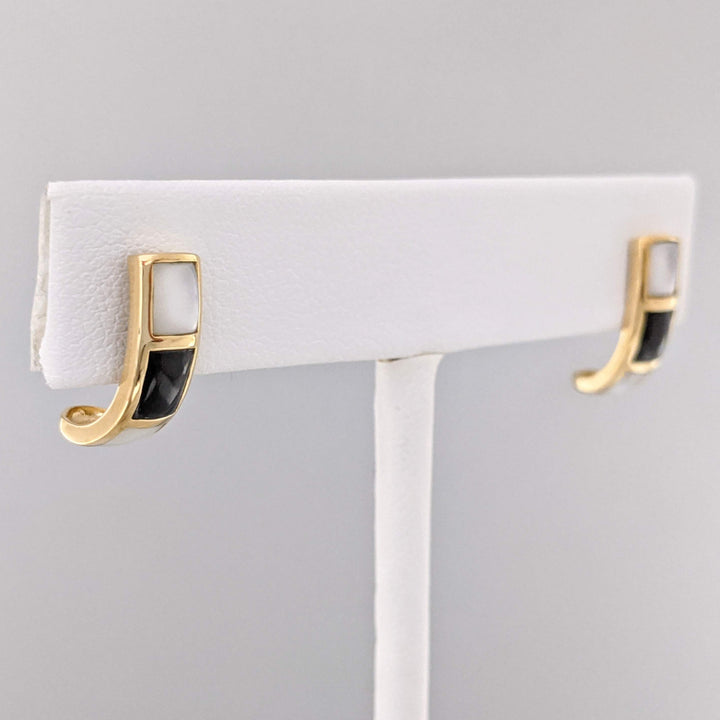 14K MOTHER OF PEARL /ONYX HALF HOOP ESTATE EARRINGS 2.6 GRAMS