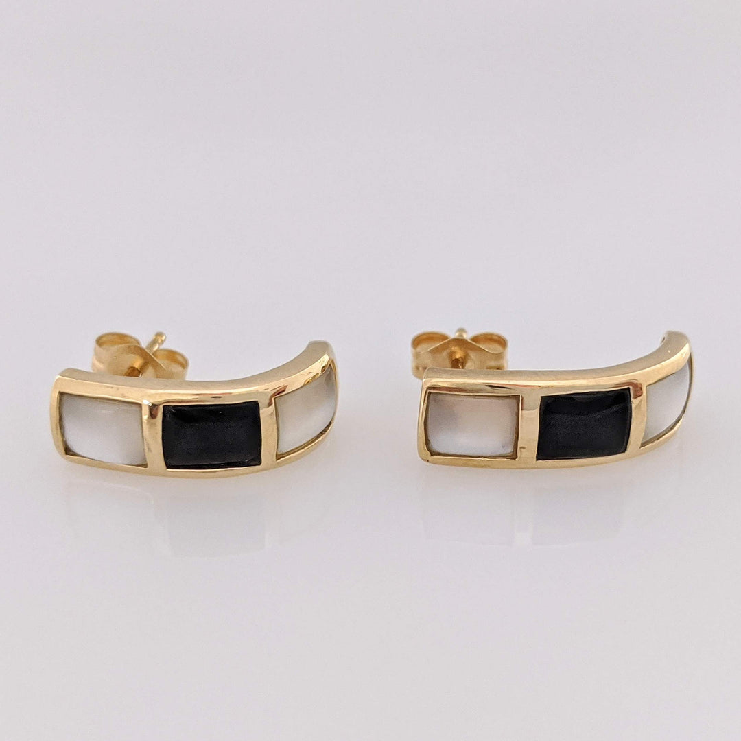 14K MOTHER OF PEARL /ONYX HALF HOOP ESTATE EARRINGS 2.6 GRAMS