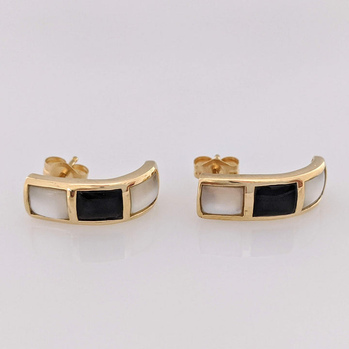 14K MOTHER OF PEARL /ONYX HALF HOOP ESTATE EARRINGS 2.6 GRAMS