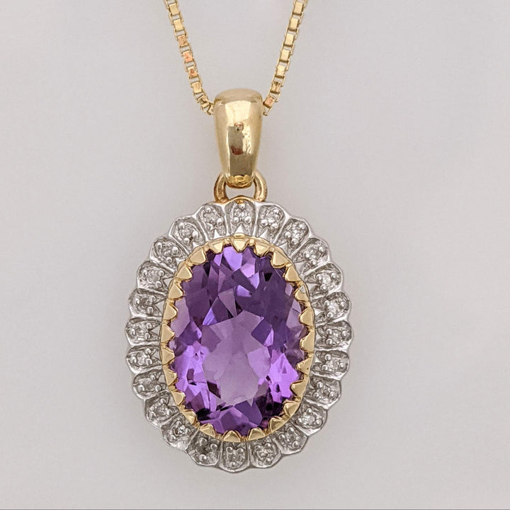 14K AMETHYST OVAL 10X15 WITH MELEE HALO ESTATE PENDANT & CHAIN 8.3 GRAMS