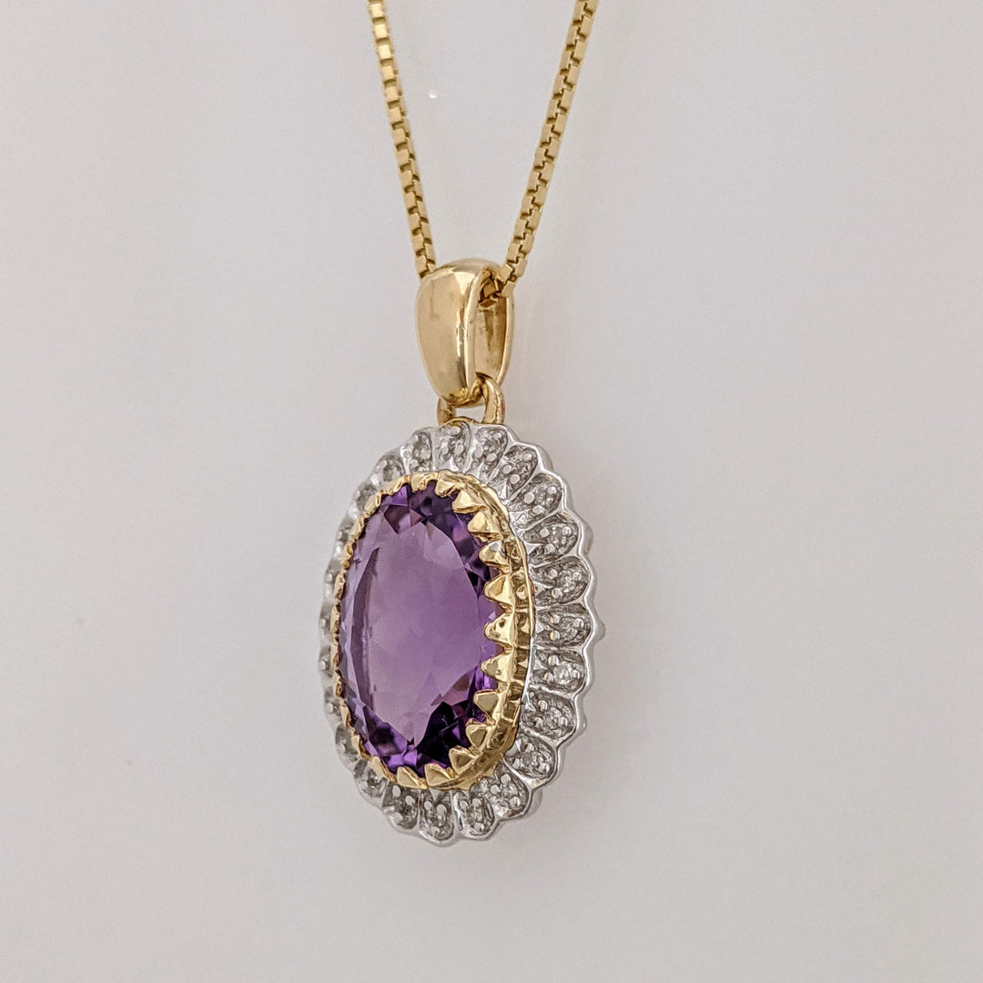 14K AMETHYST OVAL 10X15 WITH MELEE HALO ESTATE PENDANT & CHAIN 8.3 GRAMS
