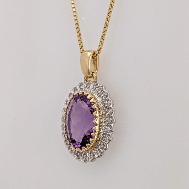 14K AMETHYST OVAL 10X15 WITH MELEE HALO ESTATE PENDANT & CHAIN 8.3 GRAMS