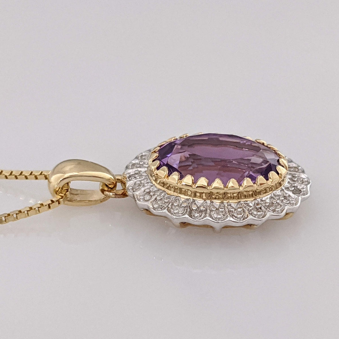 14K AMETHYST OVAL 10X15 WITH MELEE HALO ESTATE PENDANT & CHAIN 8.3 GRAMS