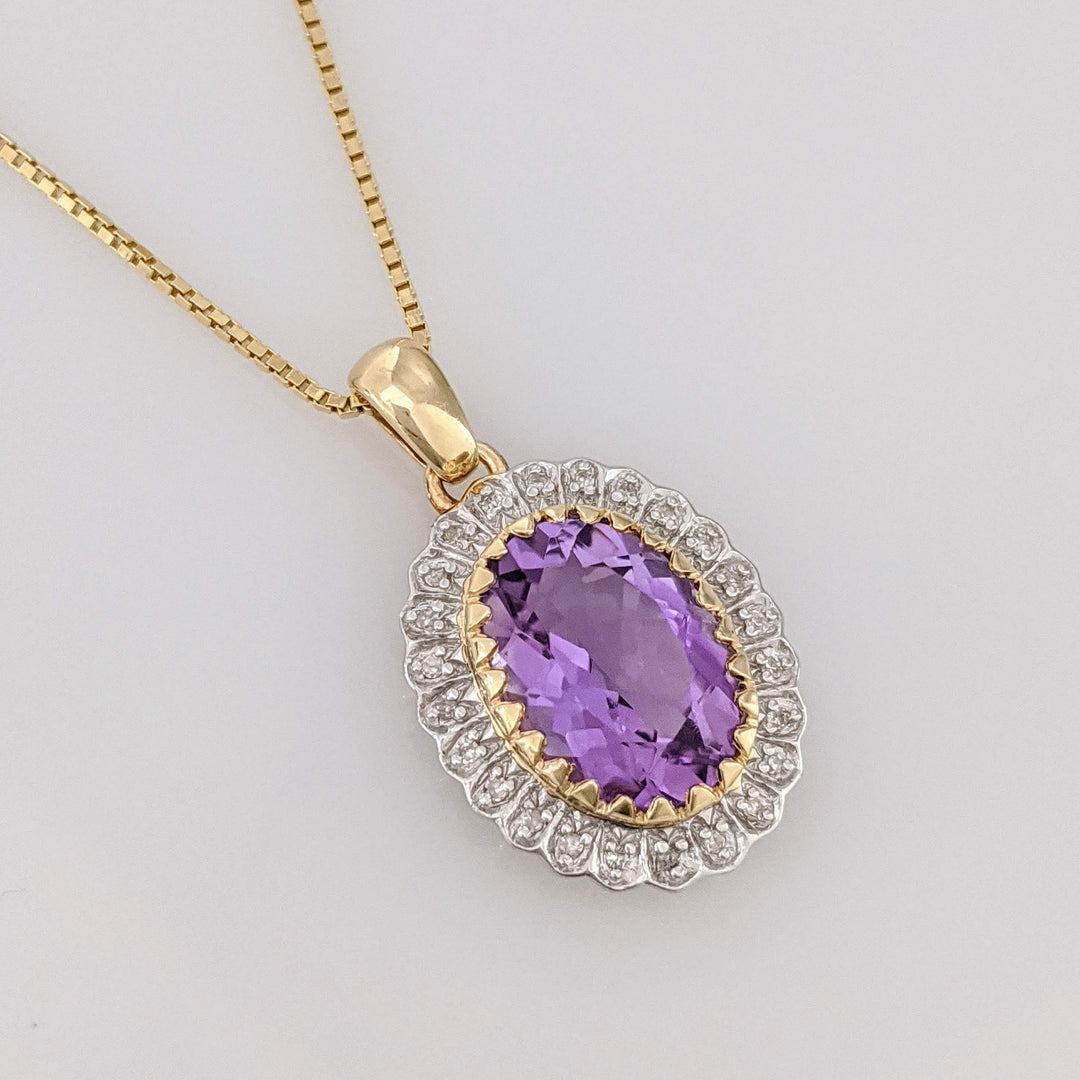 14K AMETHYST OVAL 10X15 WITH MELEE HALO ESTATE PENDANT & CHAIN 8.3 GRAMS