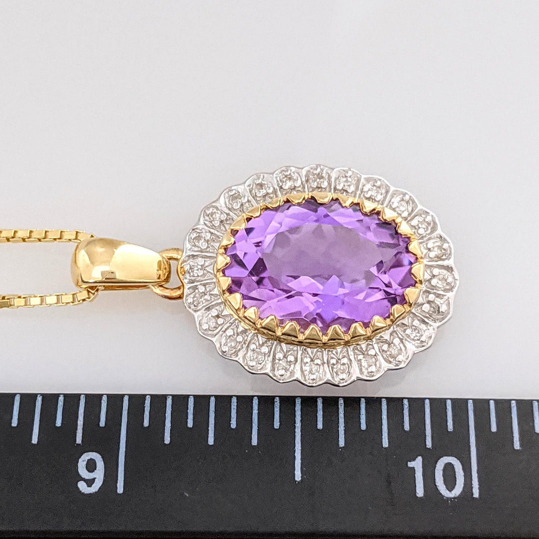 14K AMETHYST OVAL 10X15 WITH MELEE HALO ESTATE PENDANT & CHAIN 8.3 GRAMS