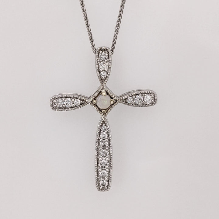 10K WHITE OPAL ROUND 2MM WITH .40 DIAMOND TOTAL WEIGHT (16) ESTATE CROSS PENDANT & 14K CHAIN 3.9 GRAMS