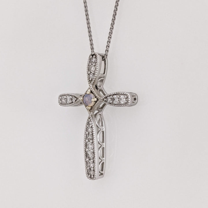 10K WHITE OPAL ROUND 2MM WITH .40 DIAMOND TOTAL WEIGHT (16) ESTATE CROSS PENDANT & 14K CHAIN 3.9 GRAMS