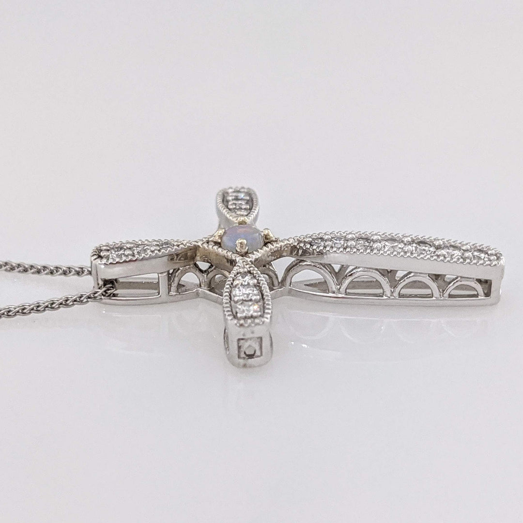 10K WHITE OPAL ROUND 2MM WITH .40 DIAMOND TOTAL WEIGHT (16) ESTATE CROSS PENDANT & 14K CHAIN 3.9 GRAMS