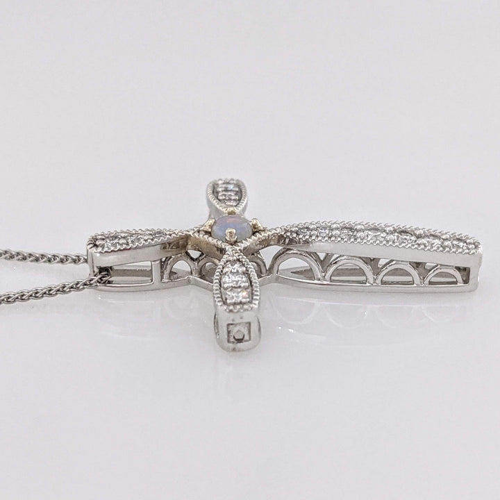 10K WHITE OPAL ROUND 2MM WITH .40 DIAMOND TOTAL WEIGHT (16) ESTATE CROSS PENDANT & 14K CHAIN 3.9 GRAMS