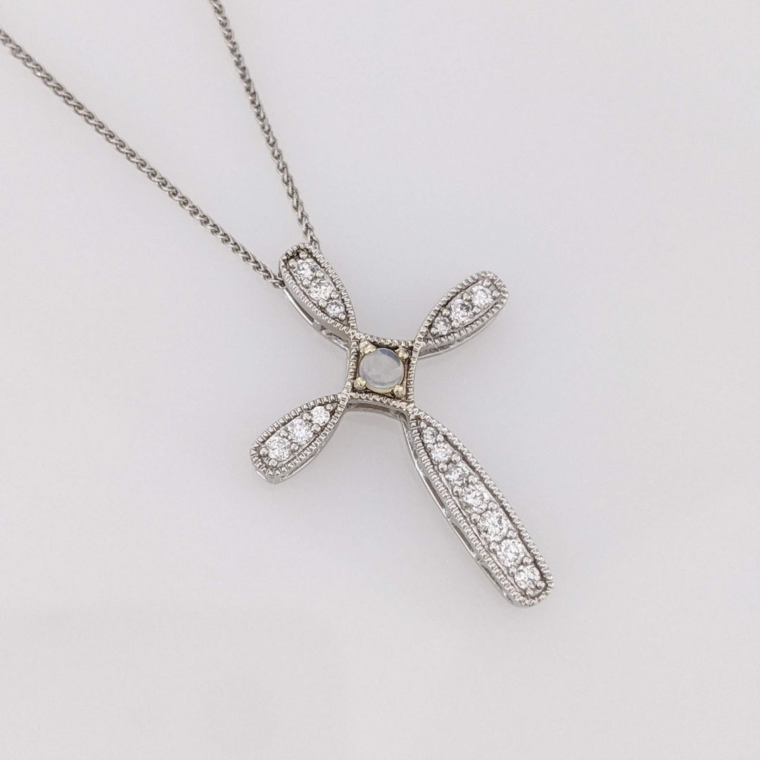 10K WHITE OPAL ROUND 2MM WITH .40 DIAMOND TOTAL WEIGHT (16) ESTATE CROSS PENDANT & 14K CHAIN 3.9 GRAMS