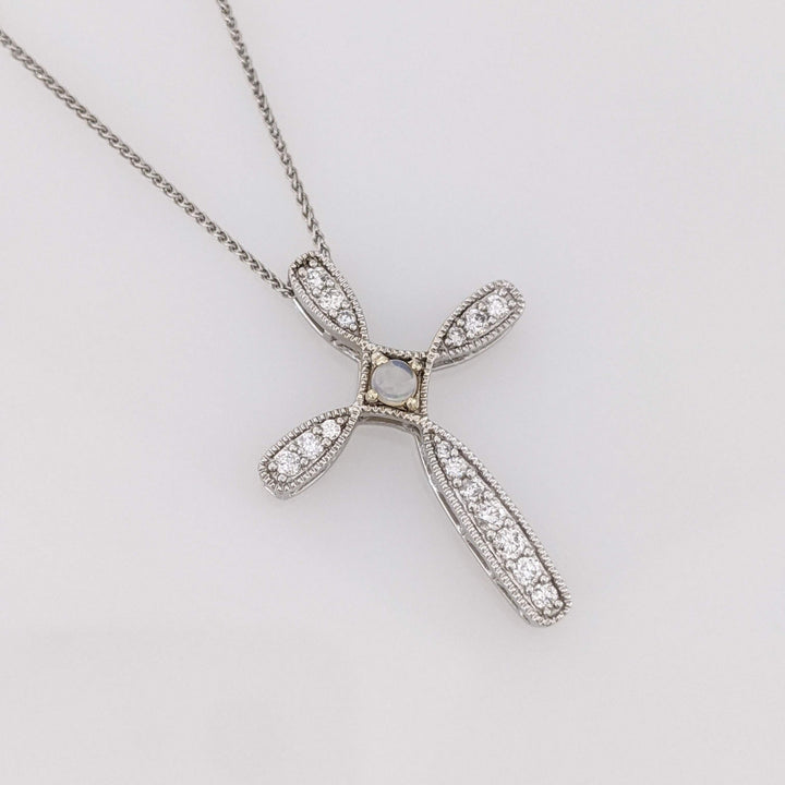 10K WHITE OPAL ROUND 2MM WITH .40 DIAMOND TOTAL WEIGHT (16) ESTATE CROSS PENDANT & 14K CHAIN 3.9 GRAMS