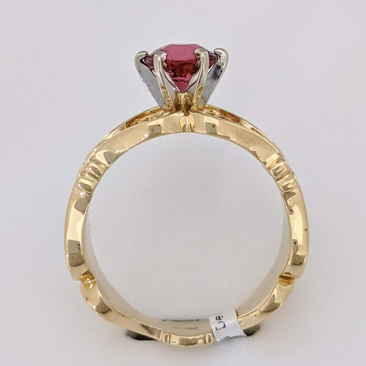14K PINK TOURMALINE ROUND 6.3MM TEXTURED FANCY SHANK ESTATE RING 5.5 GRAMS