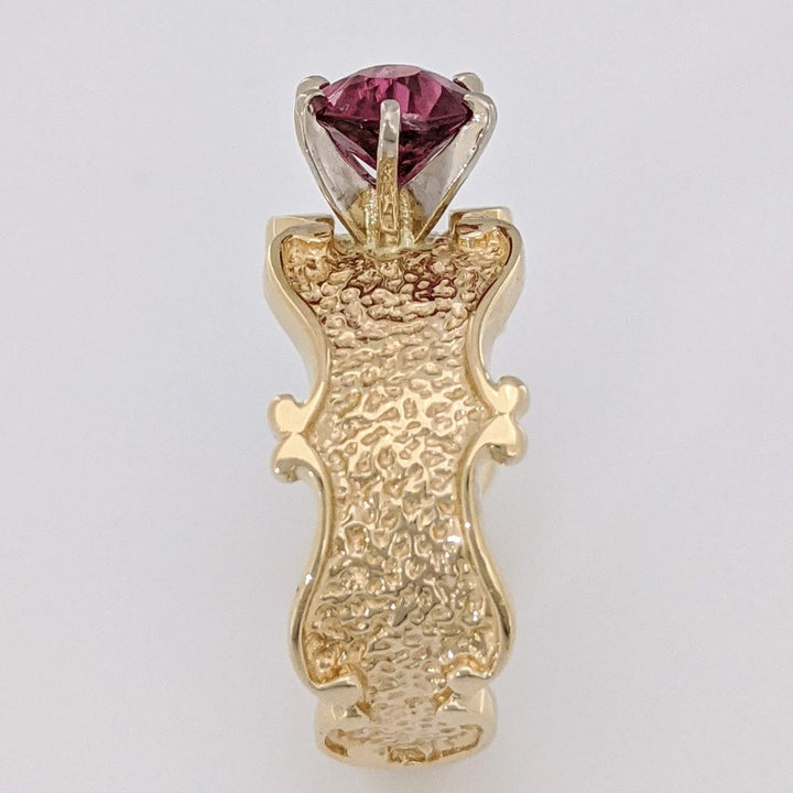 14K PINK TOURMALINE ROUND 6.3MM TEXTURED FANCY SHANK ESTATE RING 5.5 GRAMS