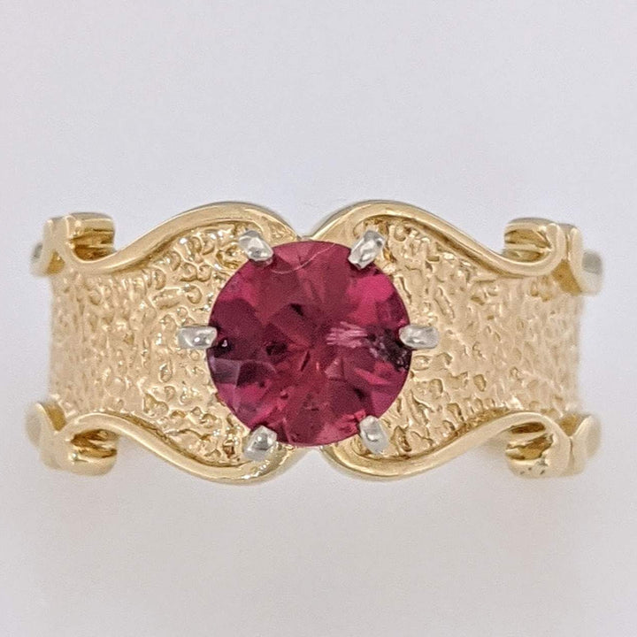 14K PINK TOURMALINE ROUND 6.3MM TEXTURED FANCY SHANK ESTATE RING 5.5 GRAMS