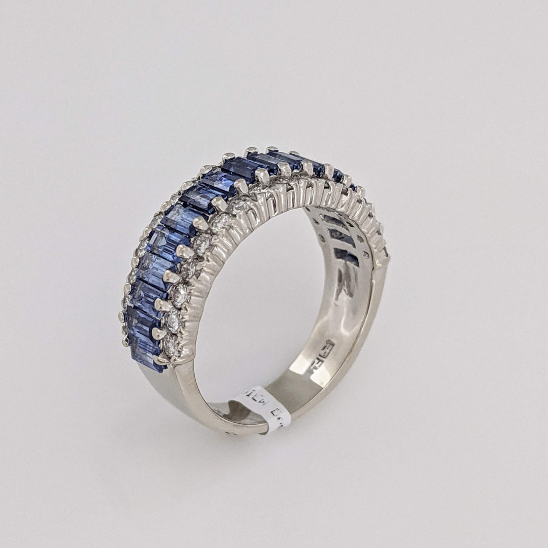 14K WHITE LAB-CREATED SAPPHIRE BAGUETTE (17) 2X4 WITH .48 DIAMOND TOTAL WEIGHT ESTATE BAND 7.2 GRAMS