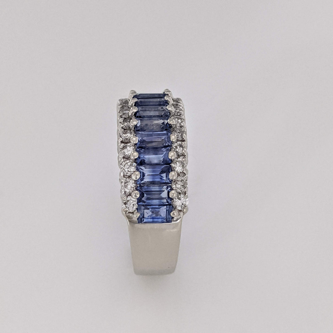 14K WHITE LAB-CREATED SAPPHIRE BAGUETTE (17) 2X4 WITH .48 DIAMOND TOTAL WEIGHT ESTATE BAND 7.2 GRAMS
