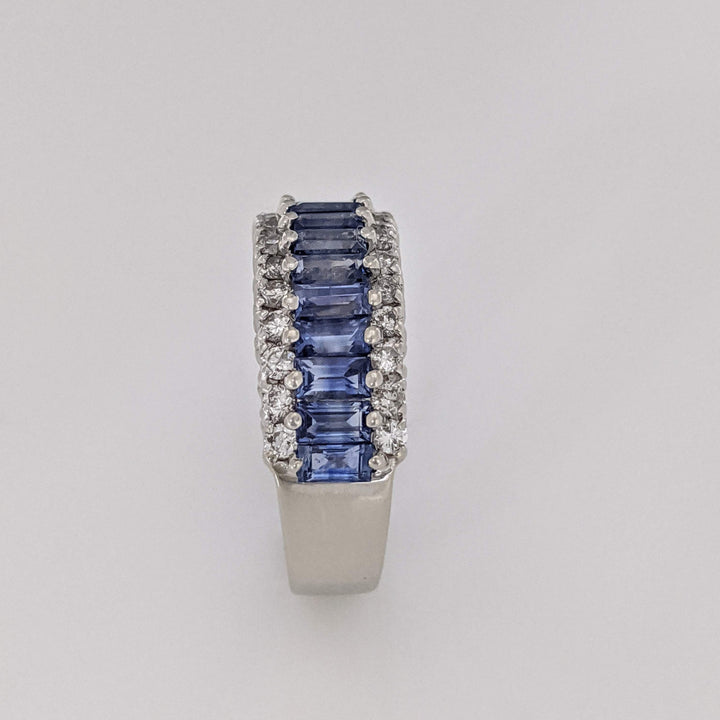 14K WHITE LAB-CREATED SAPPHIRE BAGUETTE (17) 2X4 WITH .48 DIAMOND TOTAL WEIGHT ESTATE BAND 7.2 GRAMS