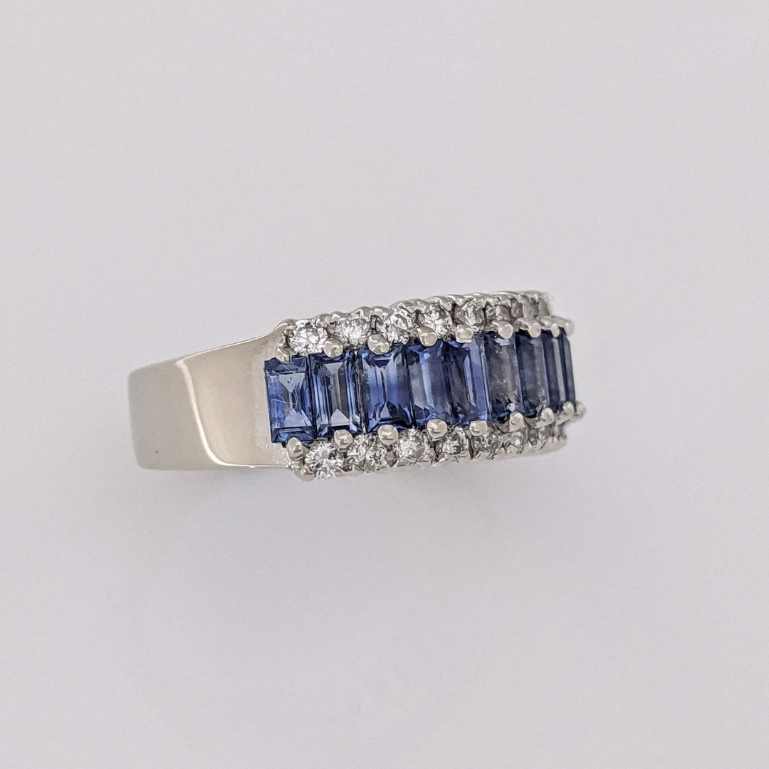 14K WHITE LAB-CREATED SAPPHIRE BAGUETTE (17) 2X4 WITH .48 DIAMOND TOTAL WEIGHT ESTATE BAND 7.2 GRAMS