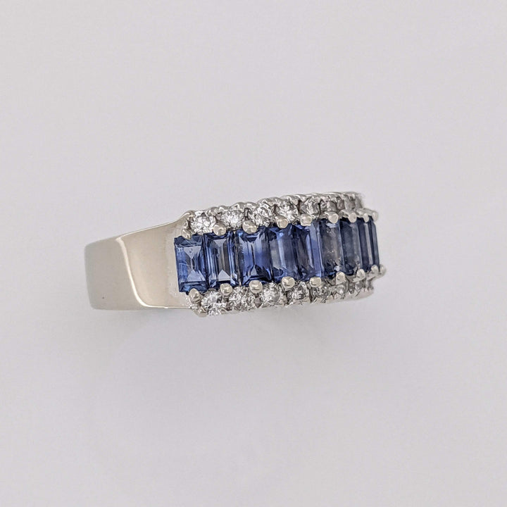 14K WHITE LAB-CREATED SAPPHIRE BAGUETTE (17) 2X4 WITH .48 DIAMOND TOTAL WEIGHT ESTATE BAND 7.2 GRAMS