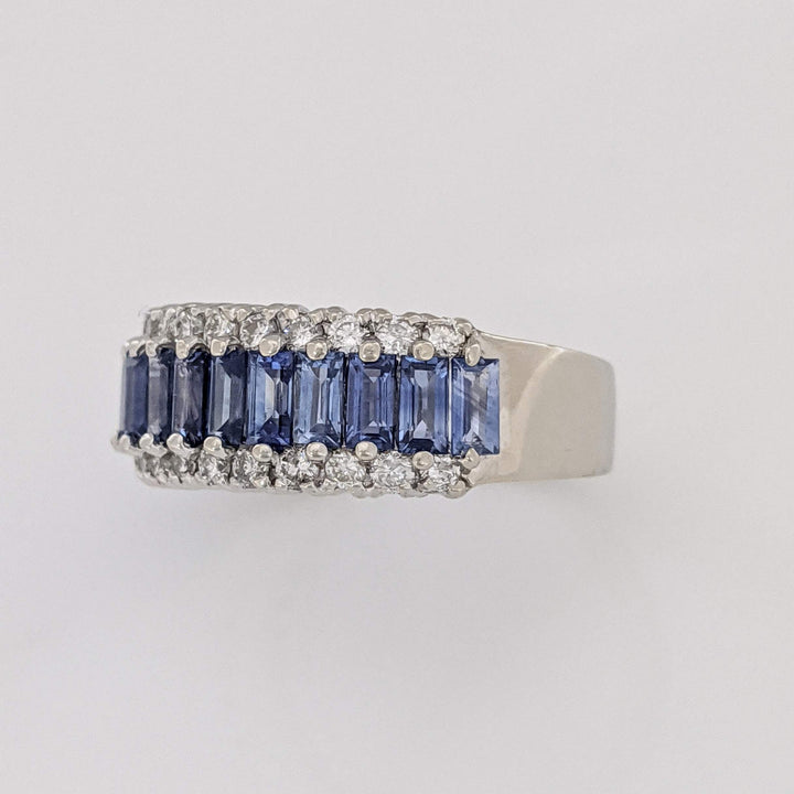14K WHITE LAB-CREATED SAPPHIRE BAGUETTE (17) 2X4 WITH .48 DIAMOND TOTAL WEIGHT ESTATE BAND 7.2 GRAMS