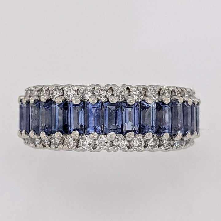 14K WHITE LAB-CREATED SAPPHIRE BAGUETTE (17) 2X4 WITH .48 DIAMOND TOTAL WEIGHT ESTATE BAND 7.2 GRAMS