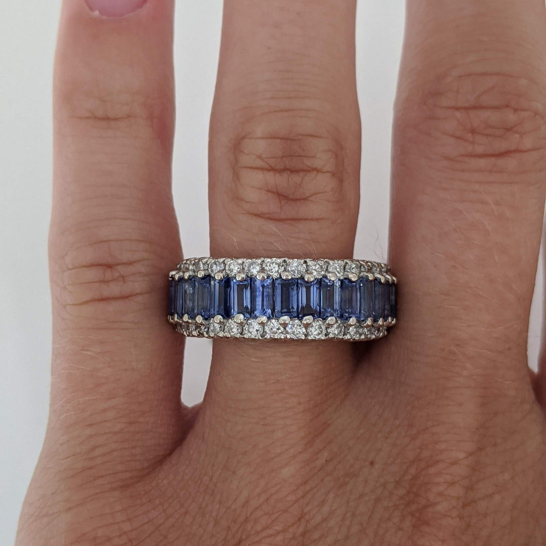 14K WHITE LAB-CREATED SAPPHIRE BAGUETTE (17) 2X4 WITH .48 DIAMOND TOTAL WEIGHT ESTATE BAND 7.2 GRAMS