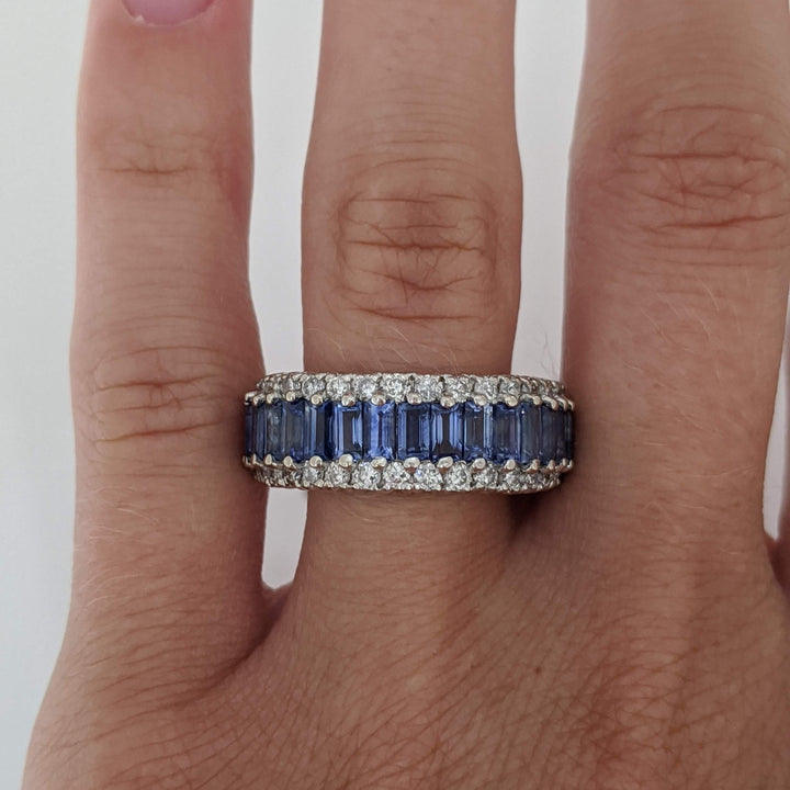 14K WHITE LAB-CREATED SAPPHIRE BAGUETTE (17) 2X4 WITH .48 DIAMOND TOTAL WEIGHT ESTATE BAND 7.2 GRAMS