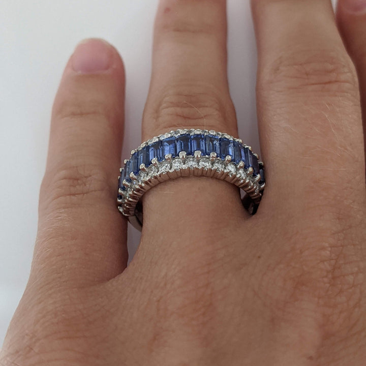 14K WHITE LAB-CREATED SAPPHIRE BAGUETTE (17) 2X4 WITH .48 DIAMOND TOTAL WEIGHT ESTATE BAND 7.2 GRAMS