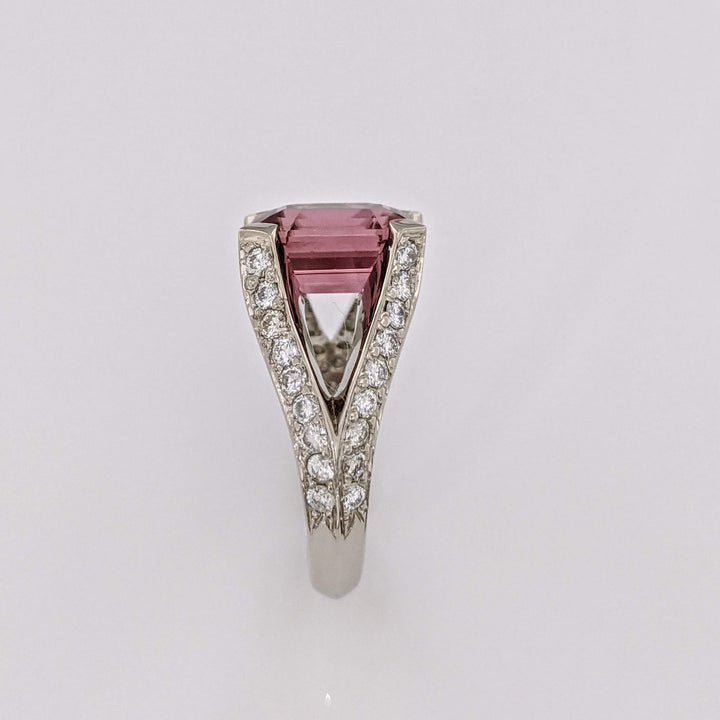 14K WHITE PINK TOURMALINE EMERALD CUT 7X11 WITH 1.24 DIAMOND TOTAL WEIGHT (44) SPLIT SHANK ESTATE RING 7.0 GRAMS