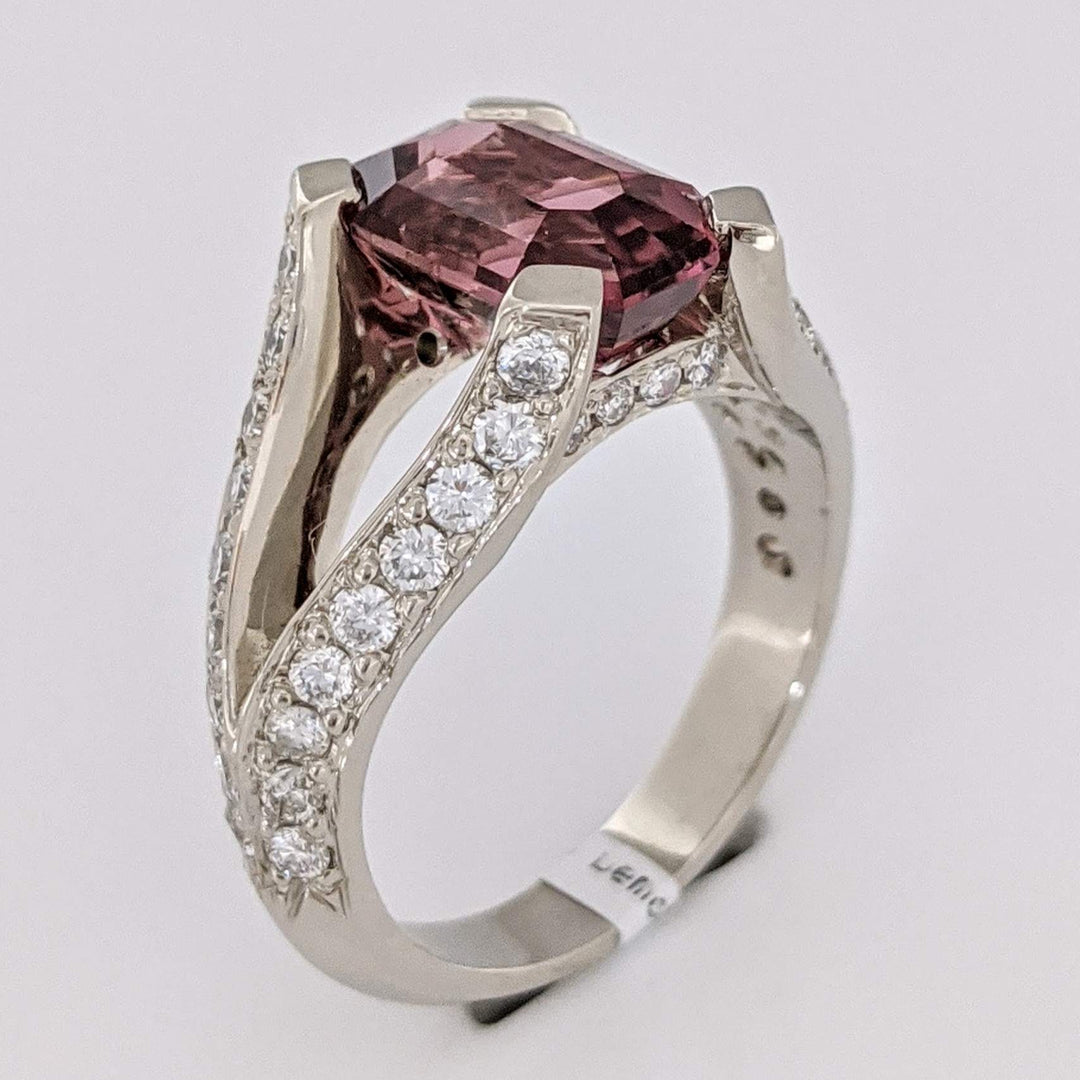 14K WHITE PINK TOURMALINE EMERALD CUT 7X11 WITH 1.24 DIAMOND TOTAL WEIGHT (44) SPLIT SHANK ESTATE RING 7.0 GRAMS