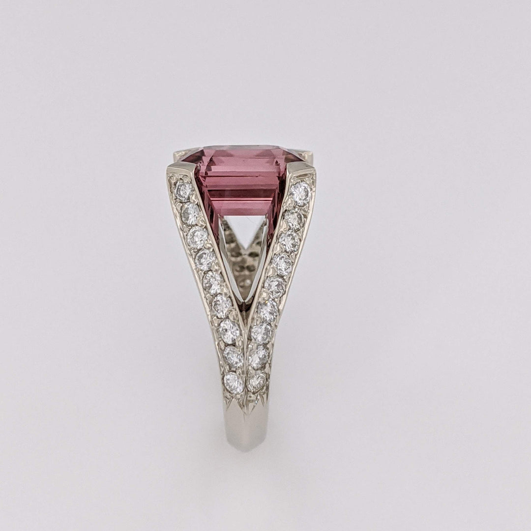 14K WHITE PINK TOURMALINE EMERALD CUT 7X11 WITH 1.24 DIAMOND TOTAL WEIGHT (44) SPLIT SHANK ESTATE RING 7.0 GRAMS