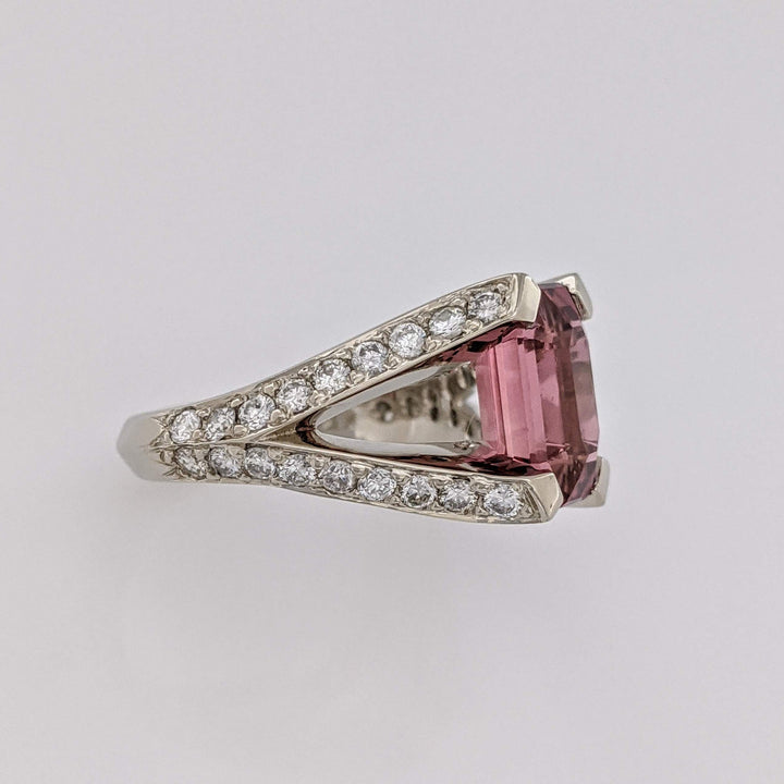 14K WHITE PINK TOURMALINE EMERALD CUT 7X11 WITH 1.24 DIAMOND TOTAL WEIGHT (44) SPLIT SHANK ESTATE RING 7.0 GRAMS