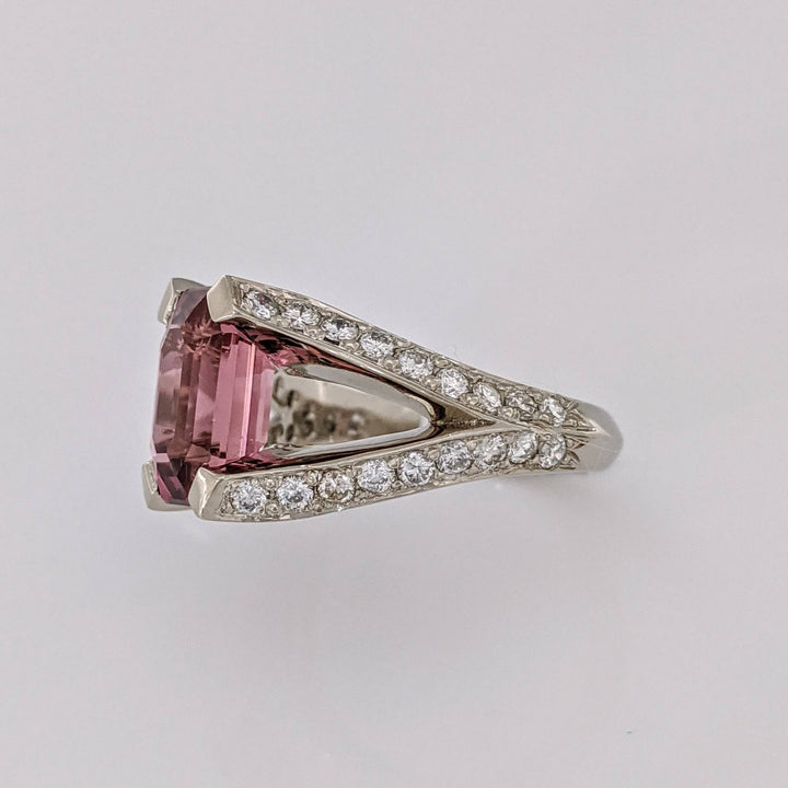 14K WHITE PINK TOURMALINE EMERALD CUT 7X11 WITH 1.24 DIAMOND TOTAL WEIGHT (44) SPLIT SHANK ESTATE RING 7.0 GRAMS