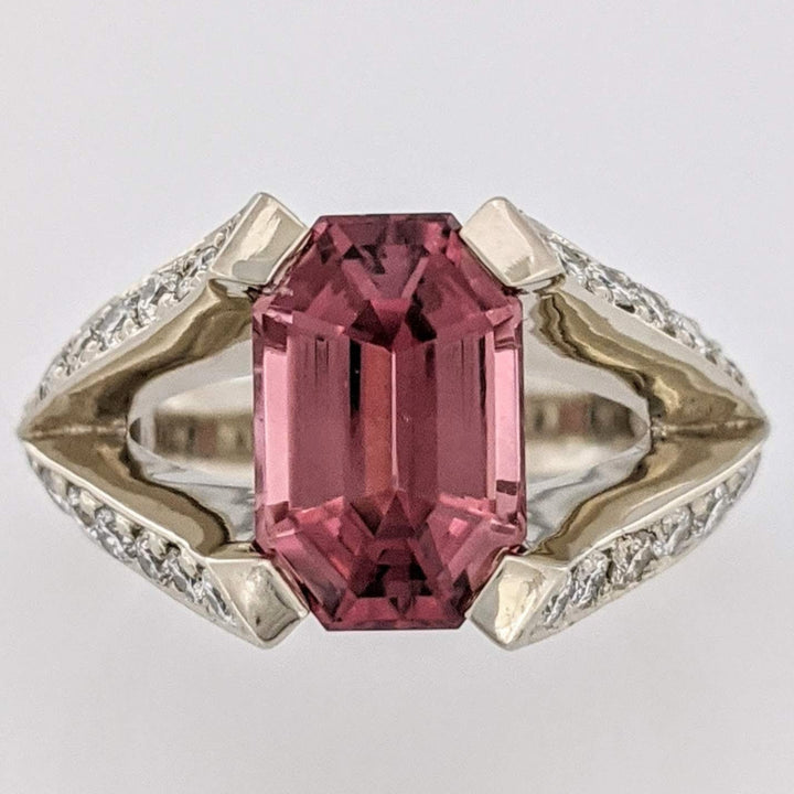 14K WHITE PINK TOURMALINE EMERALD CUT 7X11 WITH 1.24 DIAMOND TOTAL WEIGHT (44) SPLIT SHANK ESTATE RING 7.0 GRAMS