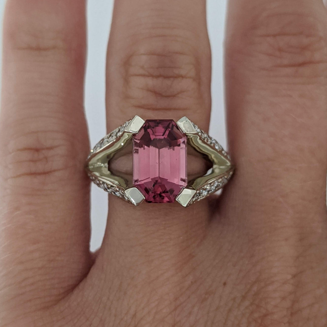 14K WHITE PINK TOURMALINE EMERALD CUT 7X11 WITH 1.24 DIAMOND TOTAL WEIGHT (44) SPLIT SHANK ESTATE RING 7.0 GRAMS