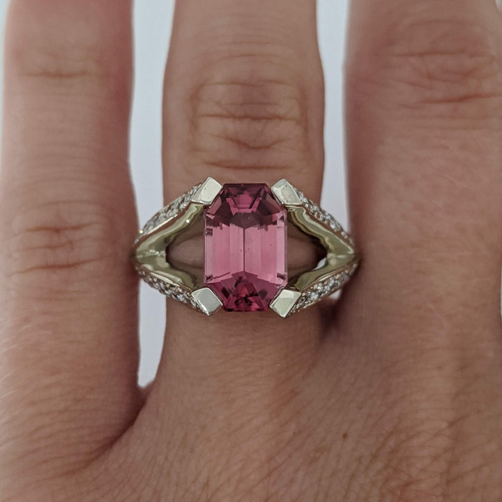 14K WHITE PINK TOURMALINE EMERALD CUT 7X11 WITH 1.24 DIAMOND TOTAL WEIGHT (44) SPLIT SHANK ESTATE RING 7.0 GRAMS