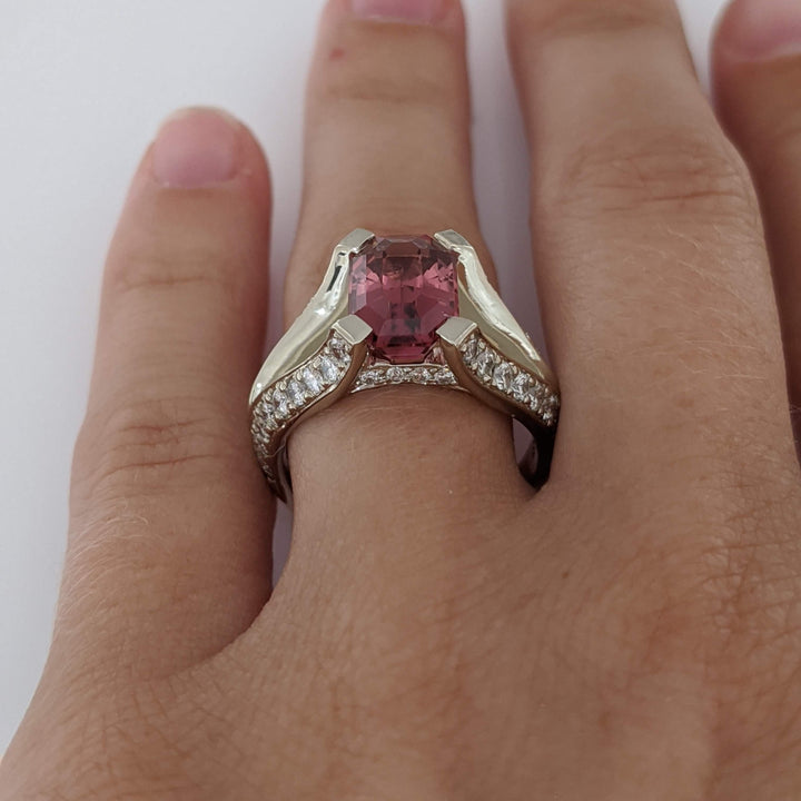 14K WHITE PINK TOURMALINE EMERALD CUT 7X11 WITH 1.24 DIAMOND TOTAL WEIGHT (44) SPLIT SHANK ESTATE RING 7.0 GRAMS