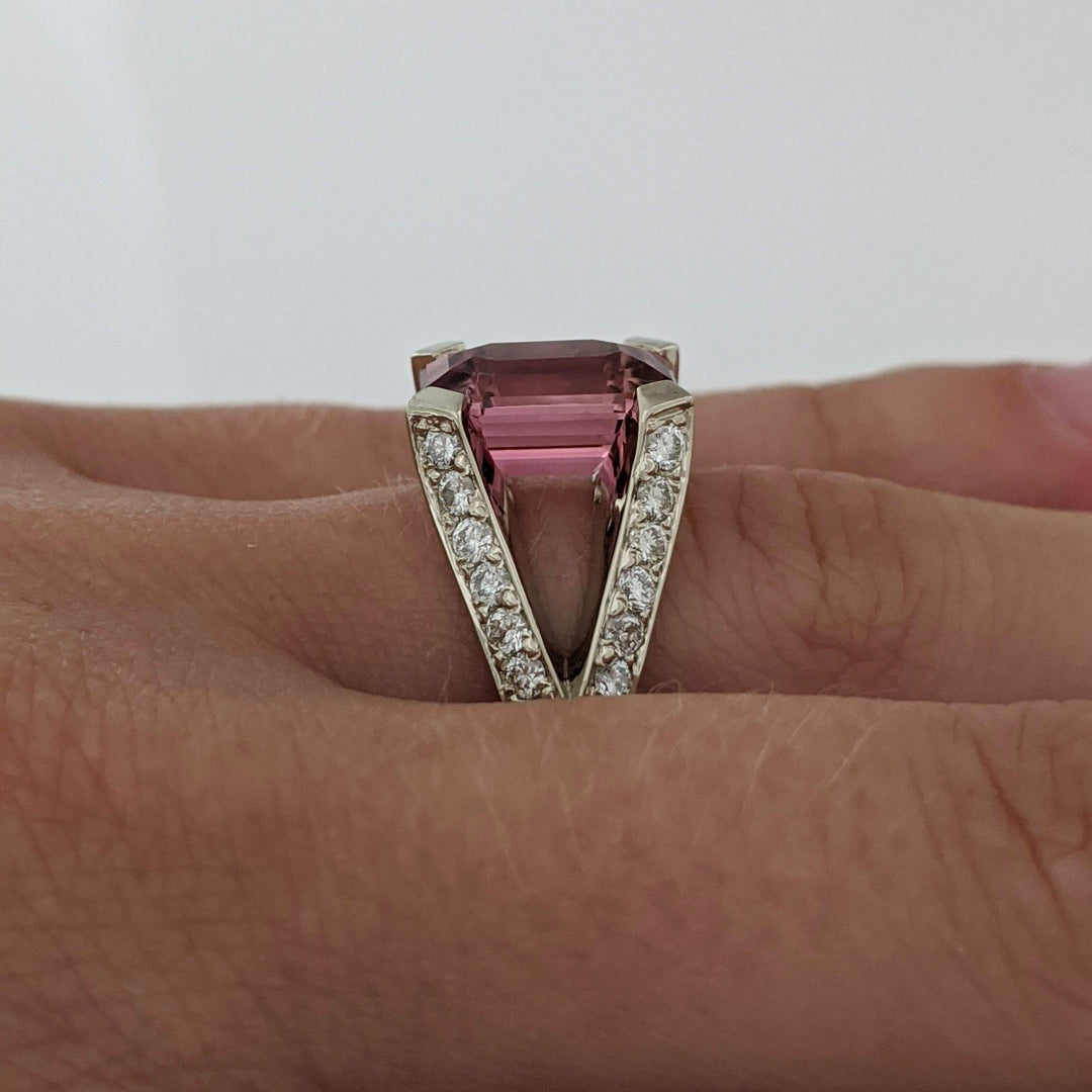 14K WHITE PINK TOURMALINE EMERALD CUT 7X11 WITH 1.24 DIAMOND TOTAL WEIGHT (44) SPLIT SHANK ESTATE RING 7.0 GRAMS