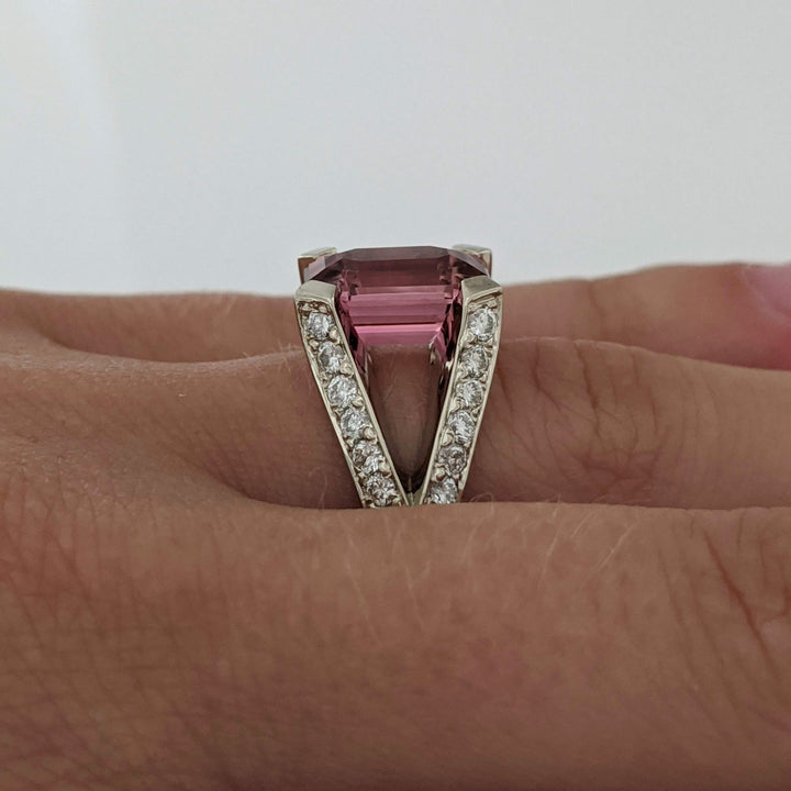 14K WHITE PINK TOURMALINE EMERALD CUT 7X11 WITH 1.24 DIAMOND TOTAL WEIGHT (44) SPLIT SHANK ESTATE RING 7.0 GRAMS