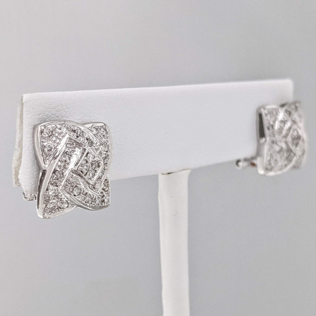 14K WHITE DIAMOND ROUND MULTI-ENCRUSTED SQUARE SWIRL ESTATE EARRINGS 5.6 GRAMS