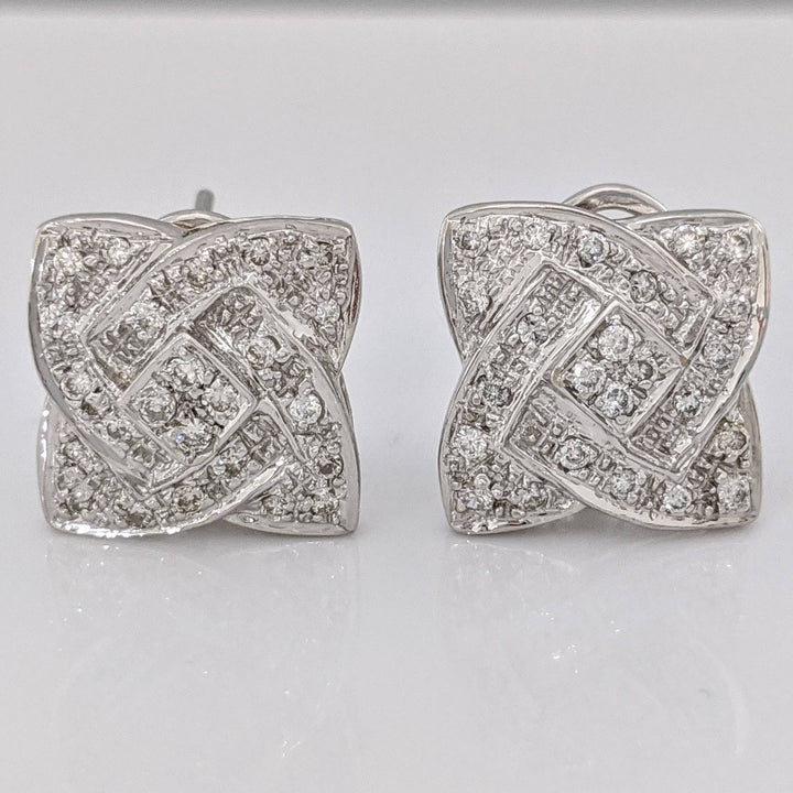 14K WHITE DIAMOND ROUND MULTI-ENCRUSTED SQUARE SWIRL ESTATE EARRINGS 5.6 GRAMS