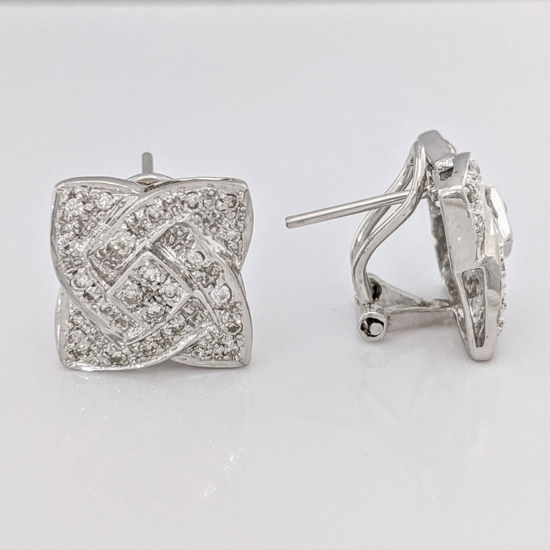 14K WHITE DIAMOND ROUND MULTI-ENCRUSTED SQUARE SWIRL ESTATE EARRINGS 5.6 GRAMS